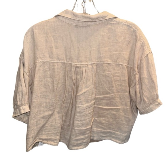 Zara 100% Linen Cropped Shirt Womens M Tan Button Up Short Sleeve Boxy Collared - Picture 7 of 8